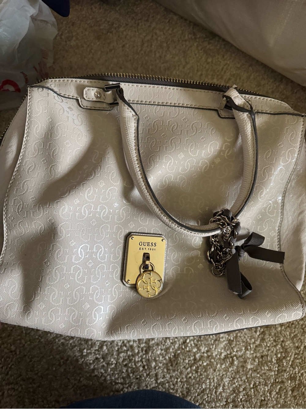 GUESS Cream Logo-Embossed Satchel with Gold Hardware